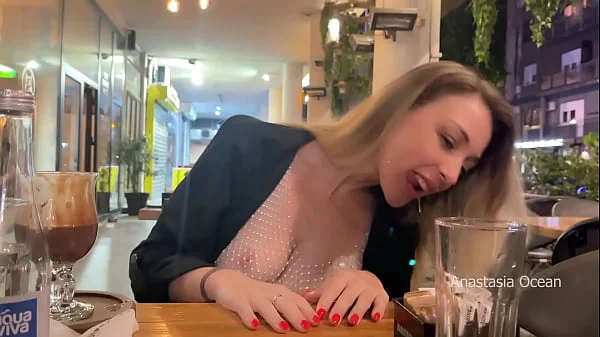 My perfect first date with flashing boobs in public. Topless in outdoor cafe.