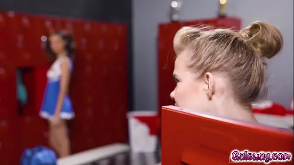 Cheerleadears Eliza Ibarra and Coco Lovelock had energetic sex right there in the locker room