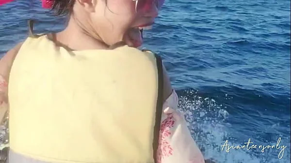 Proper cumshot into pussy after having fun with jet sky and beach