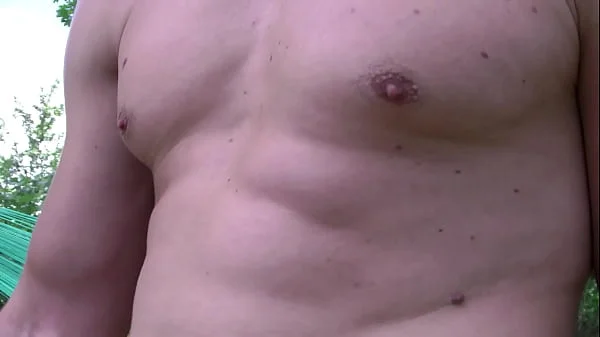 French Brunette in bikini fucks 3 dudes in the garden