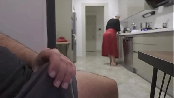 Caught jerking off while watching my Huge ass Hijab Stepmom.