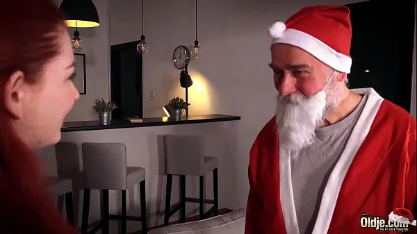 Old Santa has sex with petite teen and fucks her mouth then she swallows his cum